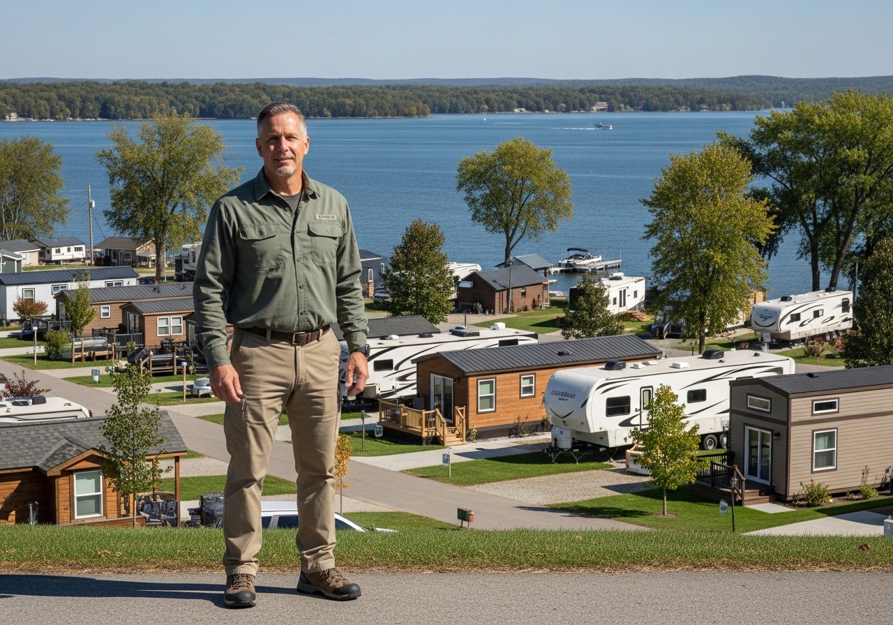 Tom Campbell, Army veteran and community founder, standing in front of the Star Route lakeside community
