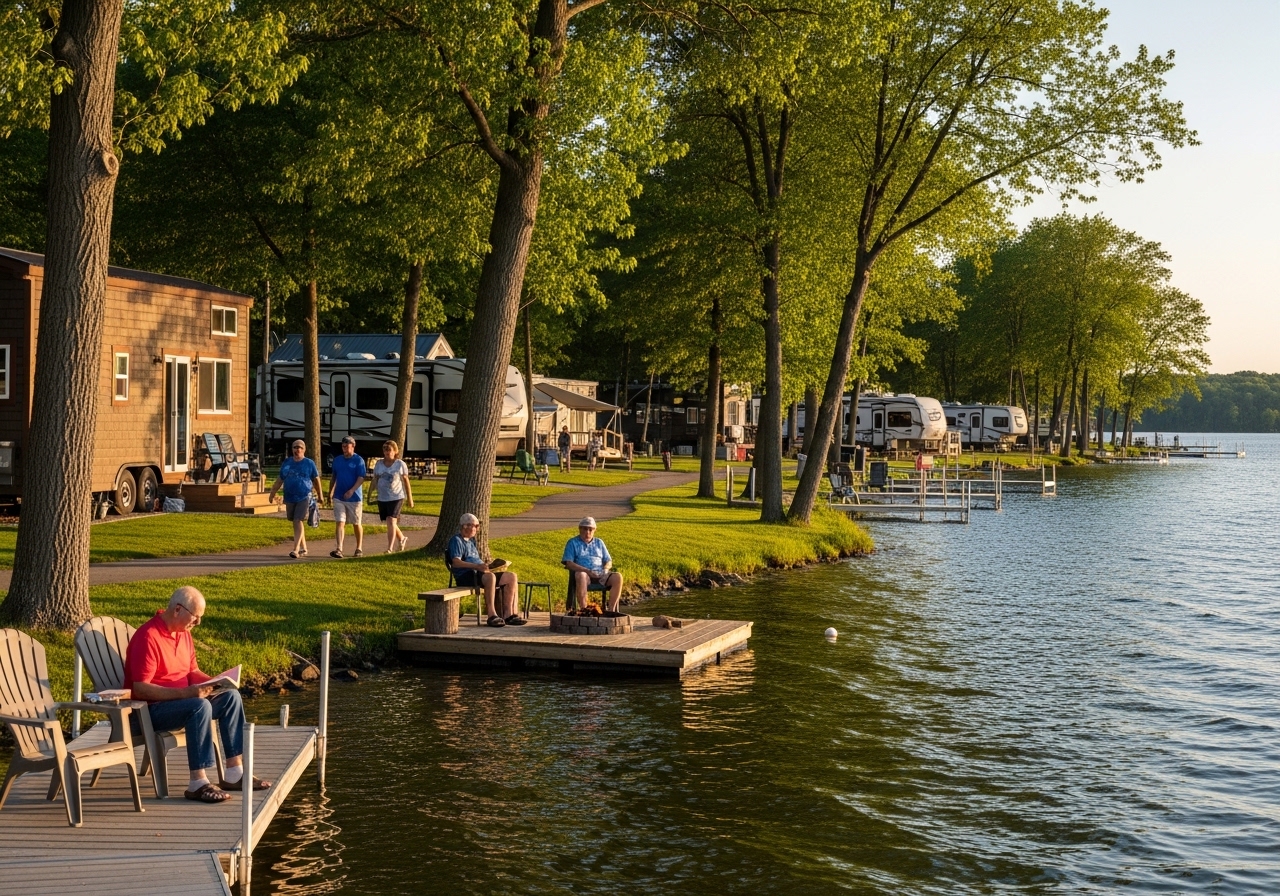 Peaceful lakeside community at Castle Rock Lake with tiny homes, RV sites, and adults enjoying quiet lakeside activities